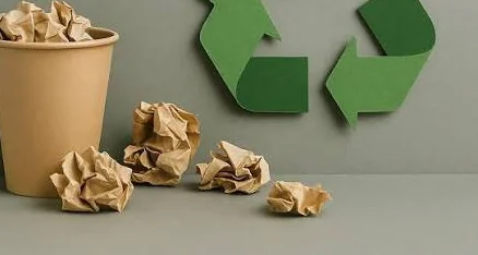 Recycling symbol with paper waste